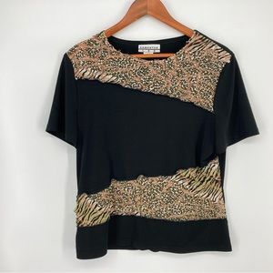 Samantha Lee Women's Sz L Knit Top Black Green Animal Print Applique Scoop Neck